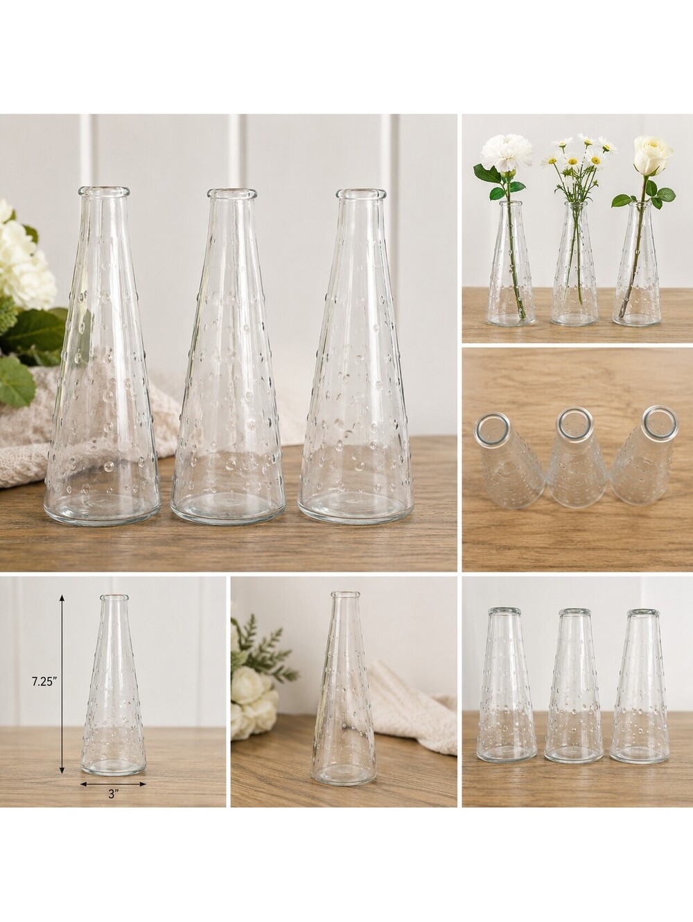 Set Of 3 Clear Hobnail Dot Bud Bottle Vase 7.5” IKEA Emma Dafnas Made in Poland